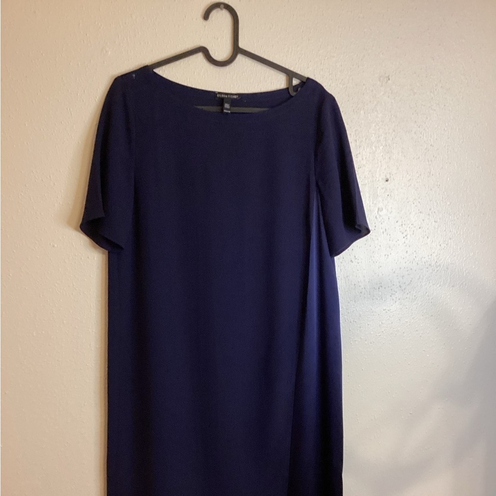 Eileen Fisher Navy Color Block Silk Tunic Short Sleeve  Size XXS